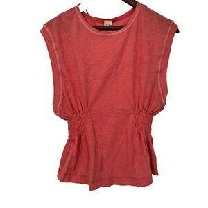 Coral Red Smocked Waist Sleeveless Top Ruched Sides Contrast Stitch Y2K Baby Tee